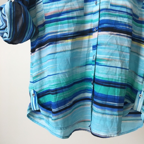 CALVIN KLEIN Blue Teal Stripe Oversized Button Top - Picture 2 of 7